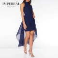 Royal Blue Glitter Lace High Neck Dip Hem Chiffon Overlay Cocktail Dress